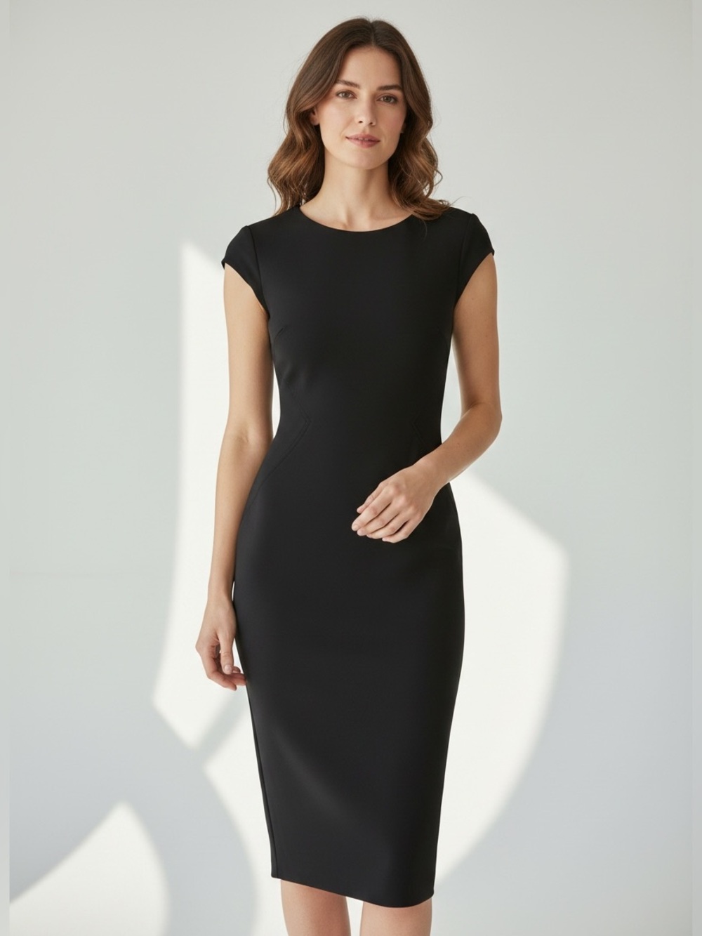Women's Black Cap-Sleeve Midi Sheath Dress